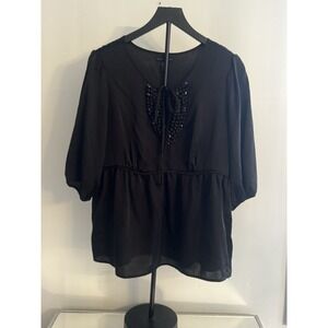 Apostrophe Black Sheer Blouse XL Embellished Tie Neck Boho Flowy Top